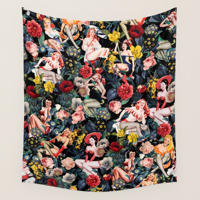 Floral And Pin-Up Girls Iv Wall Tapestry