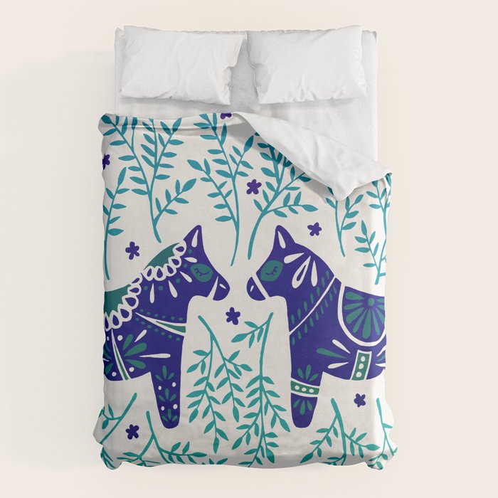 Swedish Dala Horses - Navy & Blue Palette Duvet Cover