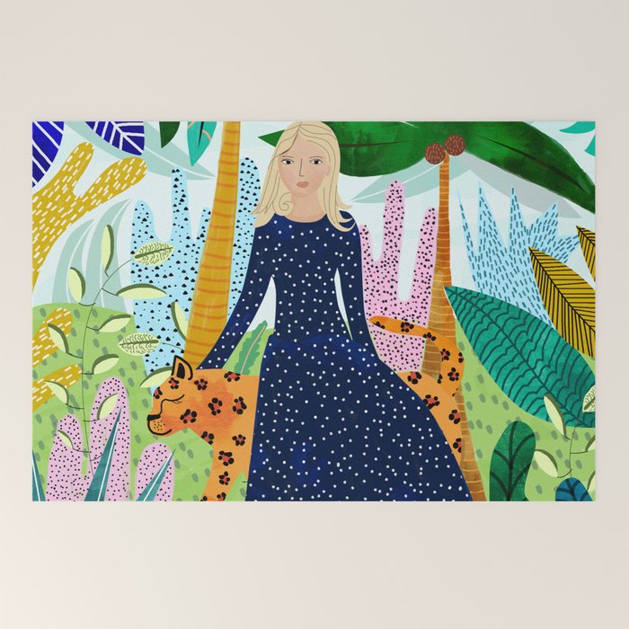 African Safari, Colorful Tropical Jungle Travel, Botanical Watercolor, Blonde Woman With A Leopard Welcome Mat