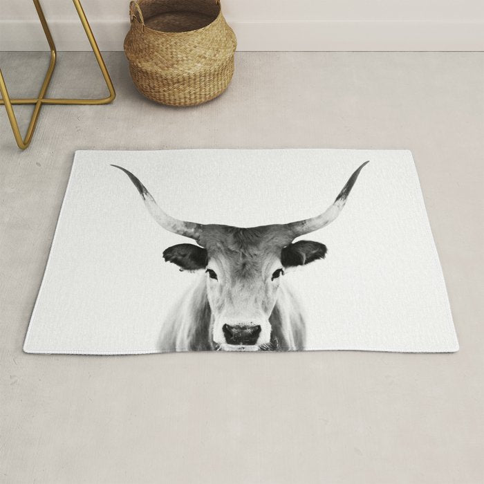 Wild Longhorn Cow Print - Black White Cow Portrait - Animal - Travel Photograpy Rug