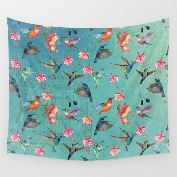 Vintage Watercolor Hummingbirds And Fuchsia Flowers Wall Tapestry