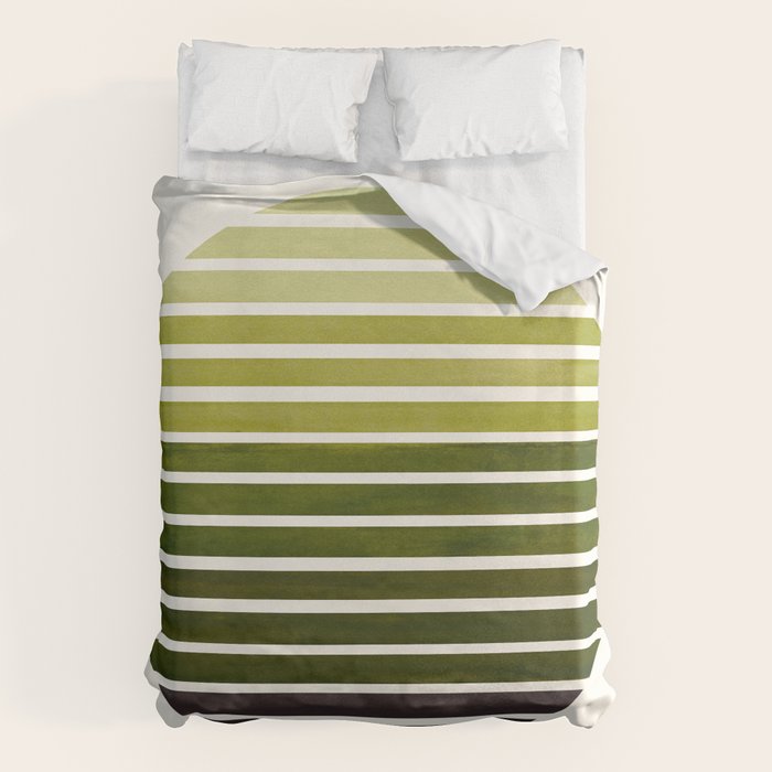 Olive Green Mid Century Modern Minimalist Scandinavian Colorful Stripes Geometric Pattern Round Circ Duvet Cover