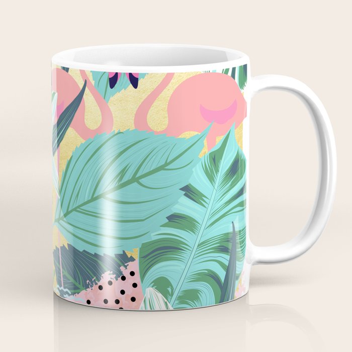 Flamingo Tropical, Colorful Modern Bohemian Eclectic Jungle Graphic Design, Blush Forest Gold Floral Coffee Mug