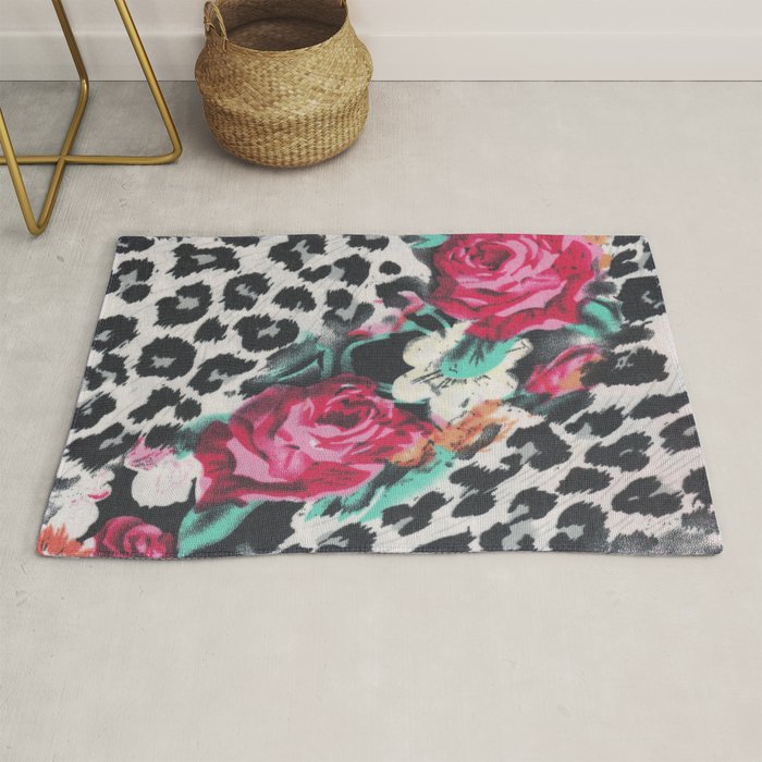 Vintage Black White Pink Floral Cheetah Animal Print Rug