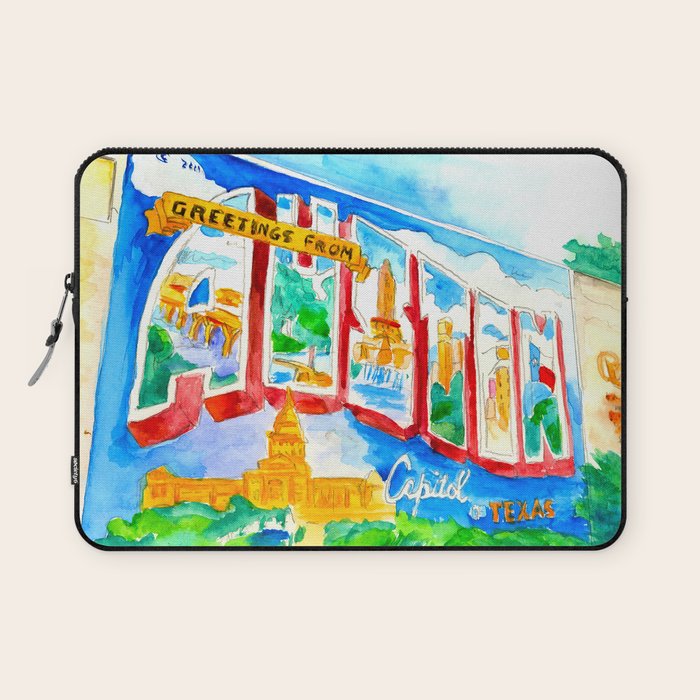 Greetings From Austin Mural Watercolor Laptop Sleeve