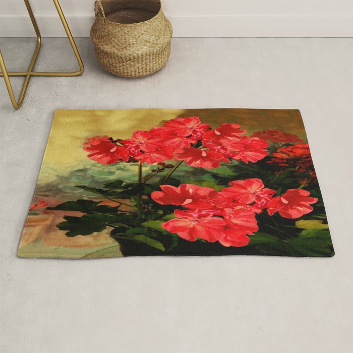 Decorative Red Geraniums  Floral Still Life Art Rug