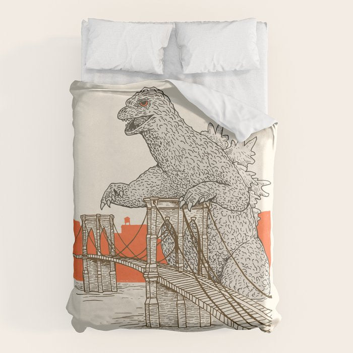 Godzilla Vs. The Brooklyn Bridge Duvet Cover