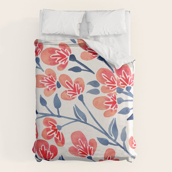 Cherry Blossoms - Melon & Navy Palette Duvet Cover