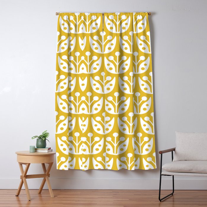 Mid Century Modern Scandinavian Floral Pattern Mustard Yellow Window Curtain