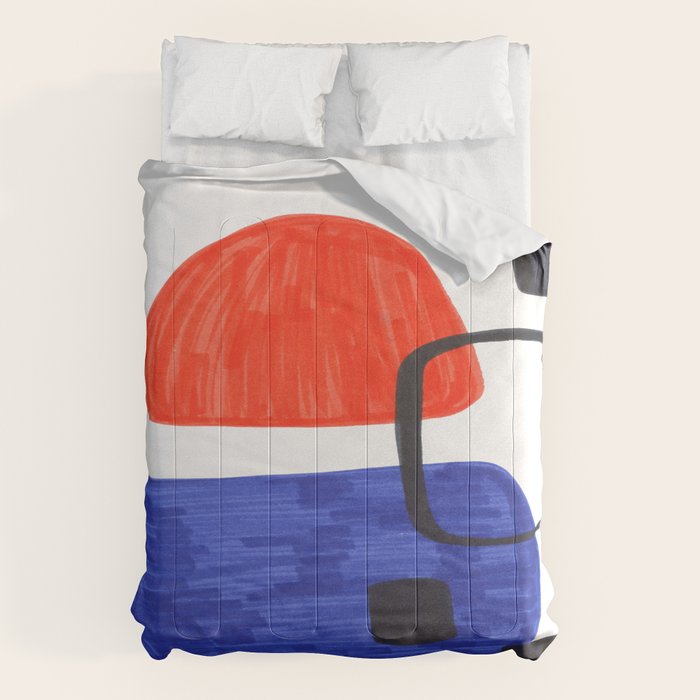 Mid Century Modern Abstract Minimalist Art Colorful Shapes Vintage Retro Style Orange Blue Shapes Comforter