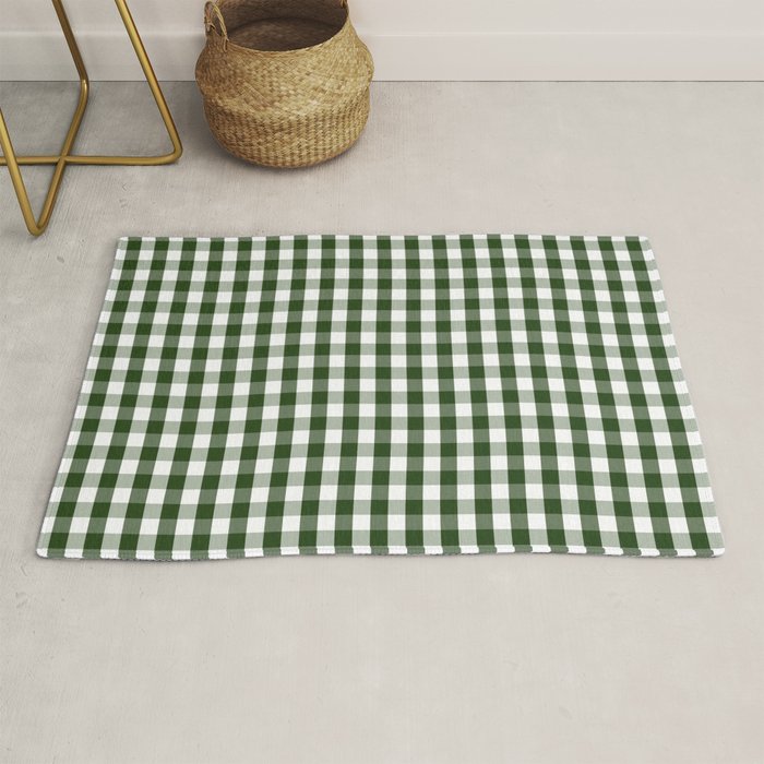 Dark Forest Green And White Gingham Check Rug