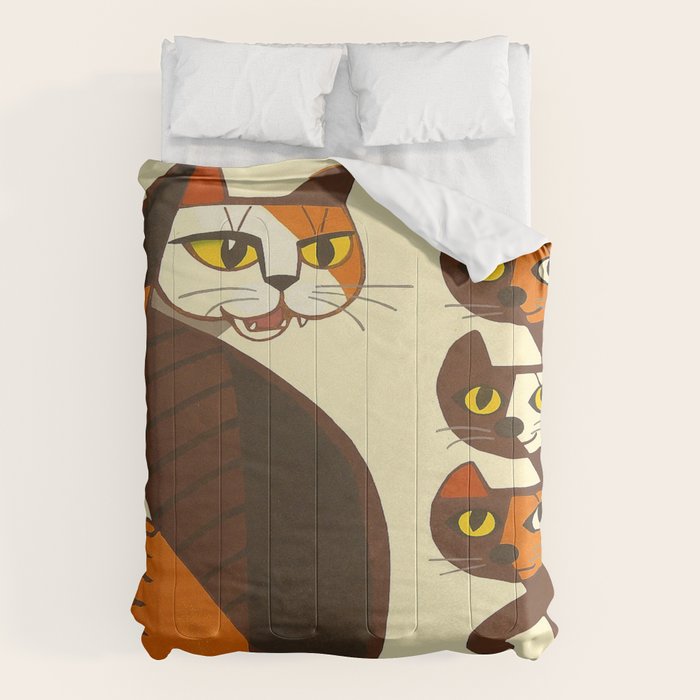 Inagaki Tomoo Vintage Japanese Woodblock Print Mid Century Modern Cubism Art Cats Feline Comforter