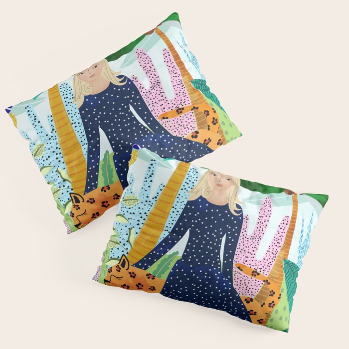 African Safari, Colorful Tropical Jungle Travel, Botanical Watercolor, Blonde Woman With A Leopard Pillow Sham
