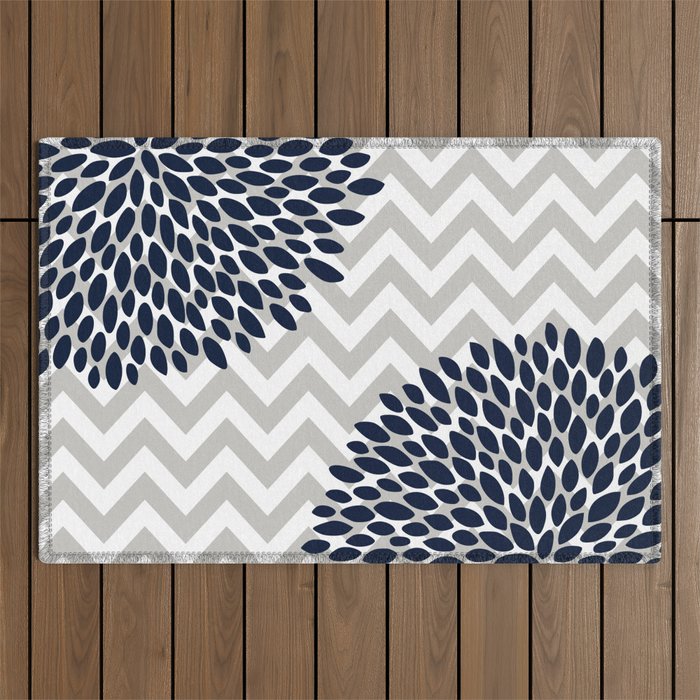 Chevron Floral Modern Navy And Grey Outdoor Rug