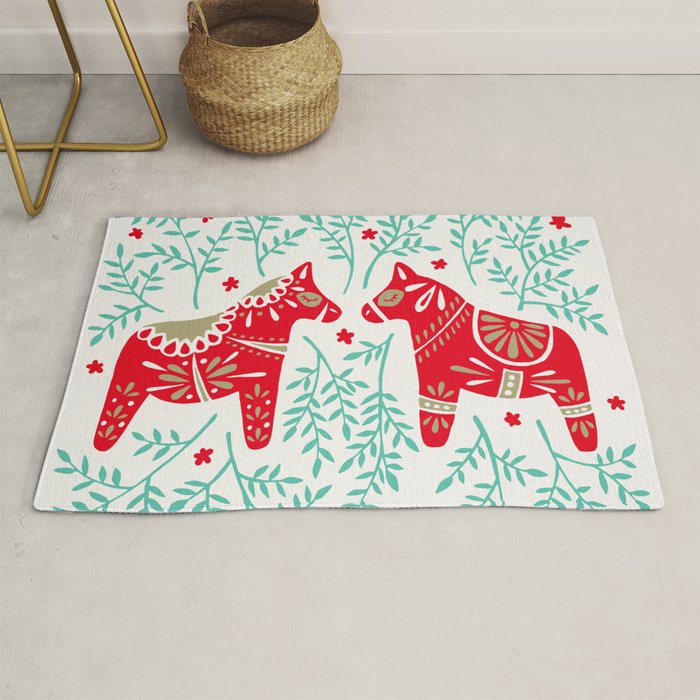 Swedish Dala Horses - Red & Mint Palette Rug