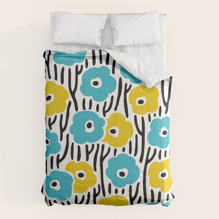 Wild Flowers Pattern Turquoise And Yellow Comforter