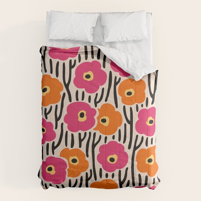 Floral  Pattern Hot Pink And Orange Comforter