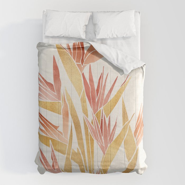 Metallic Gold Bird Of Paradise Flowers Comforter
