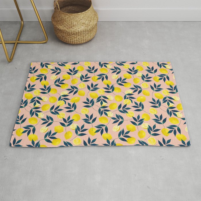 Lemon Goodness, Botanical Nature Forest Illustration, Bohemian Blush Colorful Painting Rug