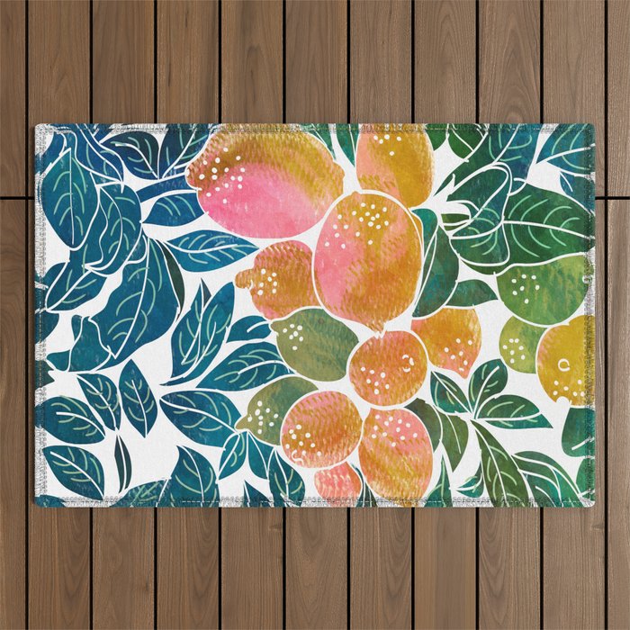 Lemons | Watercolor Modern Boho Botanical Painting | Pastel Summer Jungle Garden Juicy Fresh Outdoor Rug