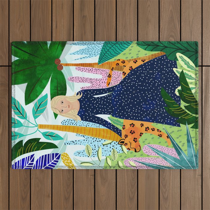 African Safari, Colorful Tropical Jungle Travel, Botanical Watercolor, Blonde Woman With A Leopard Outdoor Rug