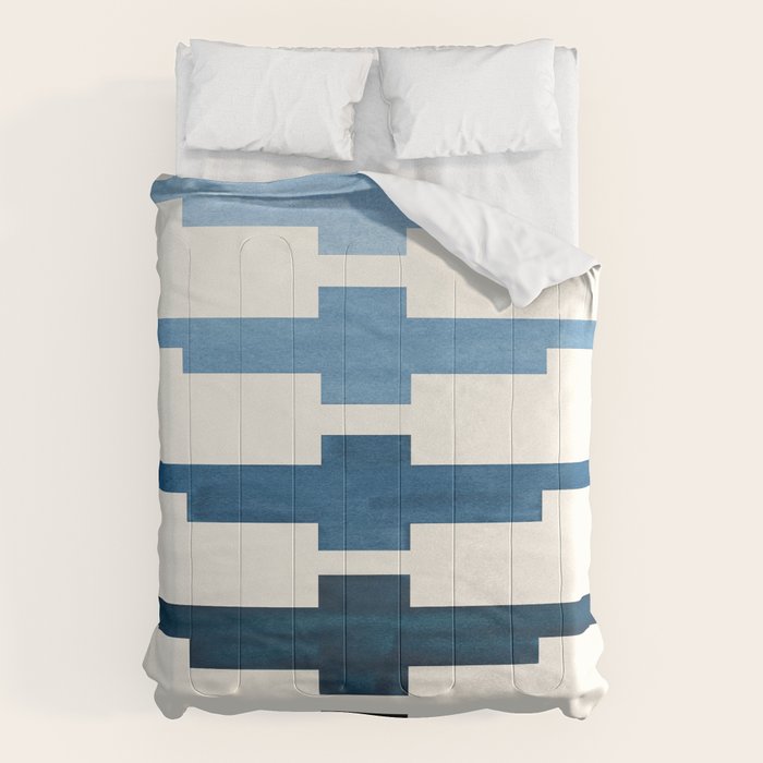 Mid Century Minimalist Ancient Aztec Inca Geometric Pattern Watercolor Blue Green Colorful Gouache P Comforter