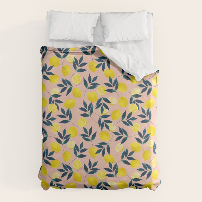 Lemon Goodness, Botanical Nature Forest Illustration, Bohemian Blush Colorful Painting Duvet Cover