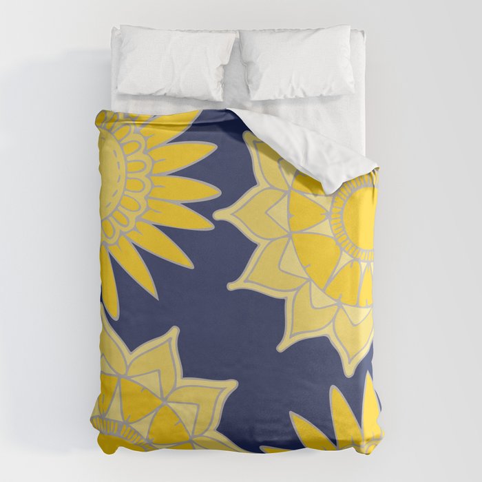 Sunshine Yellow Navy Blue Abstract Floral Mandala Duvet Cover