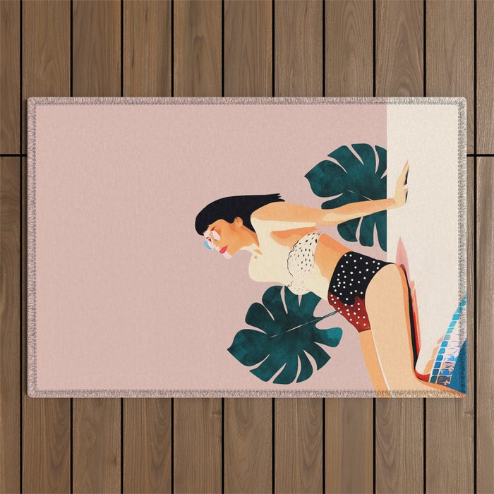 Sunday, Summer Swim Poolside Fashion, Bohemian Woman Sunbath Tan Bikini Monstera Tropical Travel Outdoor Rug