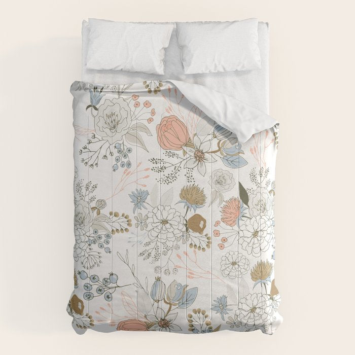 Elegant Abstract Coral Pastel Blue Modern Rustic Floral Comforter