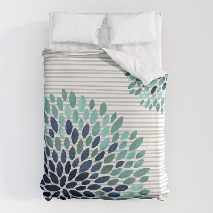 Blooms And Stripes, Aqua And Navy Duvet Cover