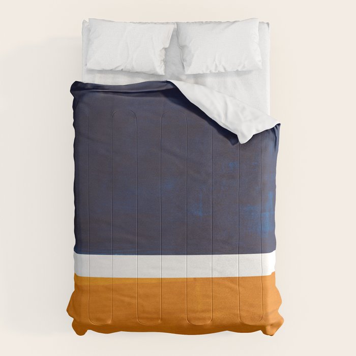Navy Blue Yellow Ochre Abstract Minimalist Rothko Colorful Mid Century Color Block Pattern Comforter
