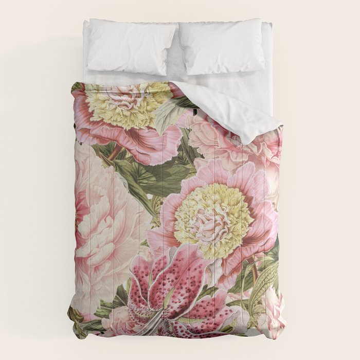 Vintage & Shabby Chic Floral Peony & Lily Flowers Watercolor Pattern Comforter