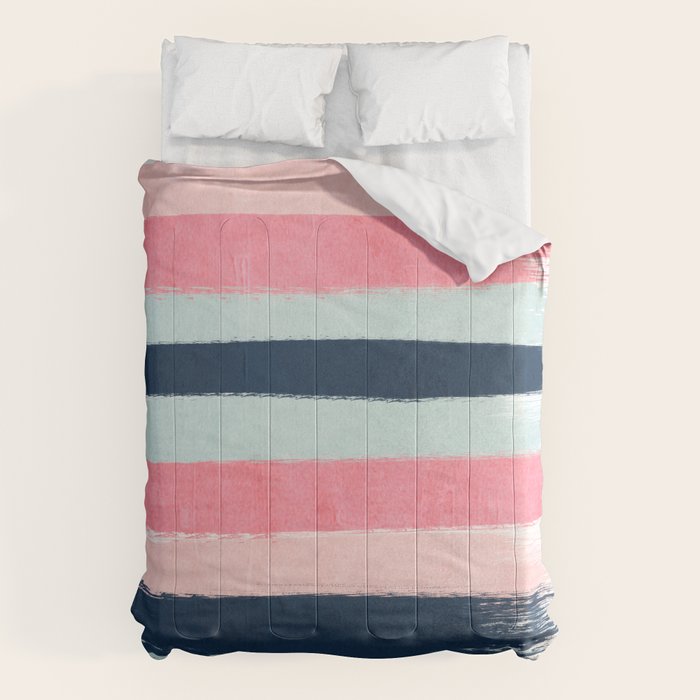 Striped Painted Coral Mint Navy Pink Pattern Stripes Minimalist Comforter
