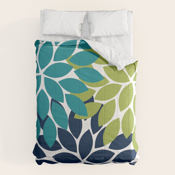 Bold Colorful Teal Green Navy Dahlia Flower Burst Petals Comforter