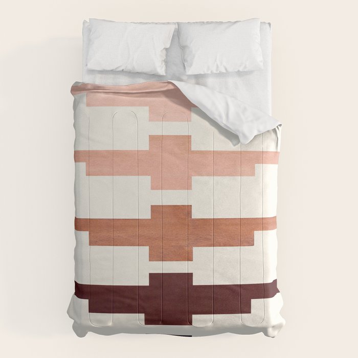 Mid Century Minimalist Ancient Aztec Inca Geometric Pattern Watercolor Raw Umber Colorful Gouache Pa Comforter