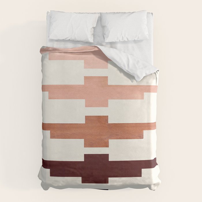 Mid Century Minimalist Ancient Aztec Inca Geometric Pattern Watercolor Raw Umber Colorful Gouache Pa Duvet Cover