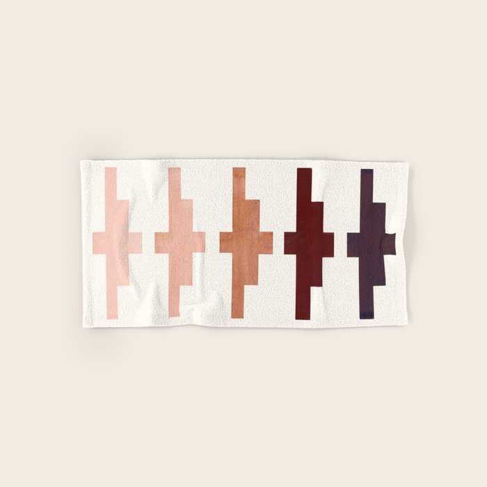 Mid Century Minimalist Ancient Aztec Inca Geometric Pattern Watercolor Raw Umber Colorful Gouache Pa Bath Towel