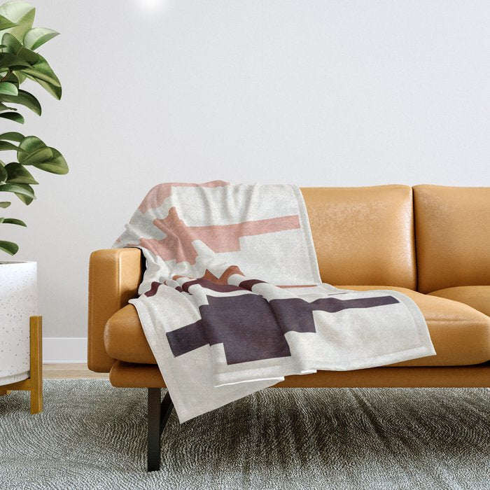 Mid Century Minimalist Ancient Aztec Inca Geometric Pattern Watercolor Raw Umber Colorful Gouache Pa Throw Blanket