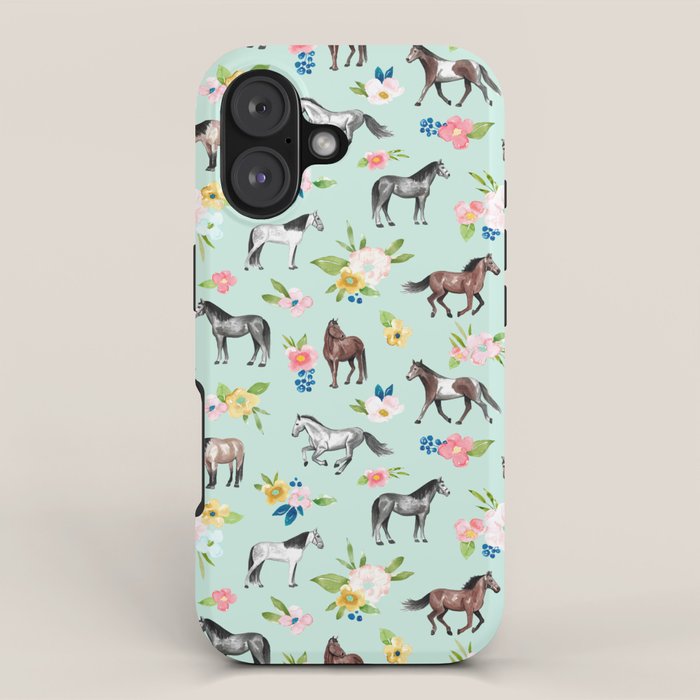 Horses And Flowers, Mint Blue, Watercolor Floral, Equestrian Decor, Horse Art Iphone Case