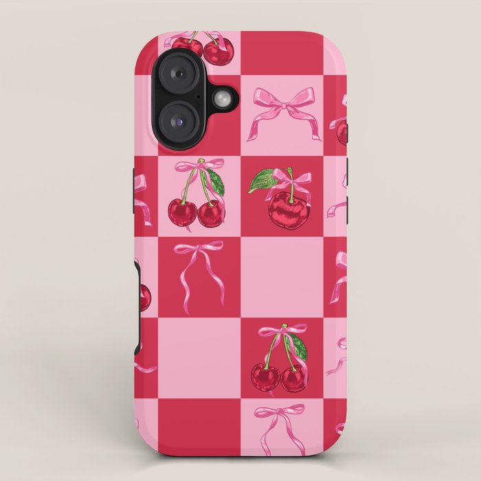 Scarlet Cherries And Bows Checker Iphone Case