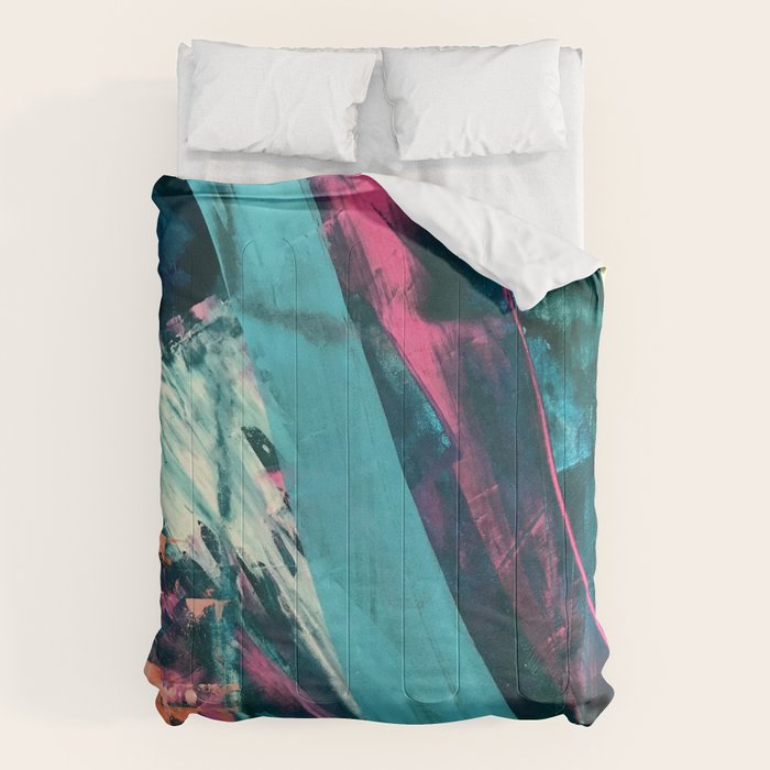 Wild [7]: A Bold, Colorful Abstract Mixed-Media Piece In Teal, Orange, Neon Blue, Pink And White Comforter