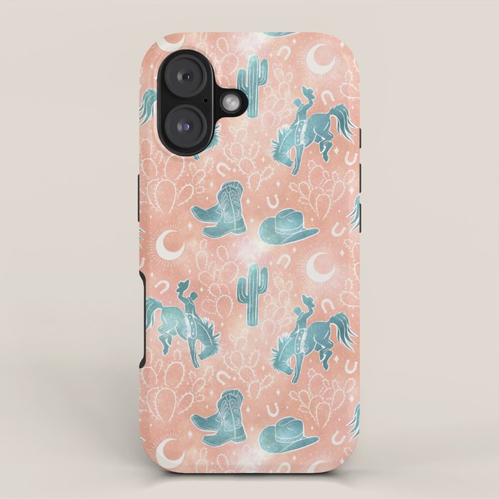 Cosmic Cowboys And Cacti -  Peach And Turquoise  Iphone Case