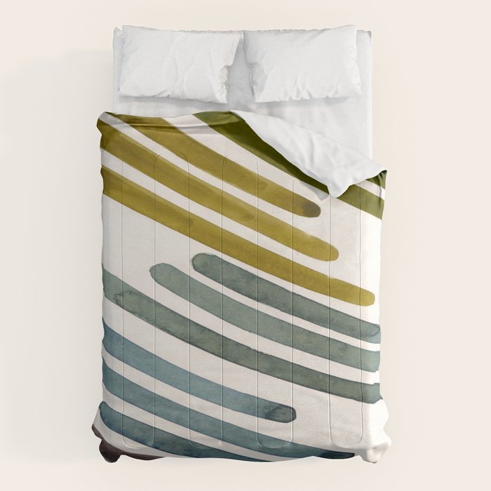 Olive Green Navy Blue Watercolor Colorful Stripes Mid Century Modern Art Primitive Abstract Art Comforter