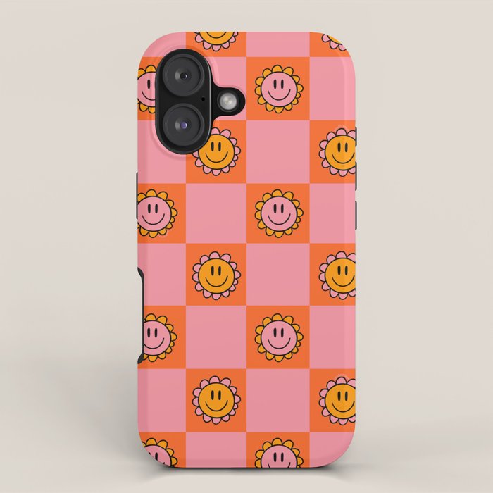 Orange Pink Smiley Checkerboard Print Iphone Case