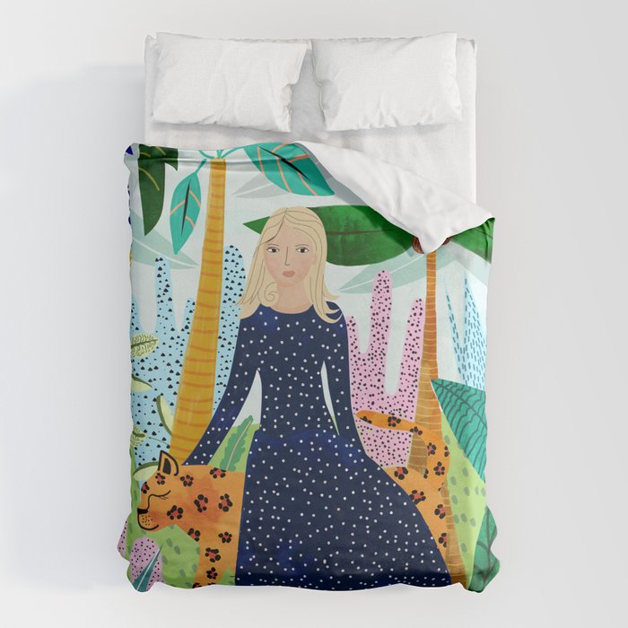 African Safari, Colorful Tropical Jungle Travel, Botanical Watercolor, Blonde Woman With A Leopard Duvet Cover