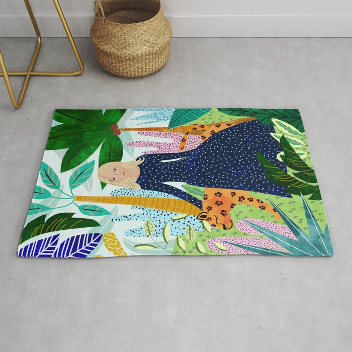 African Safari, Colorful Tropical Jungle Travel, Botanical Watercolor, Blonde Woman With A Leopard Rug