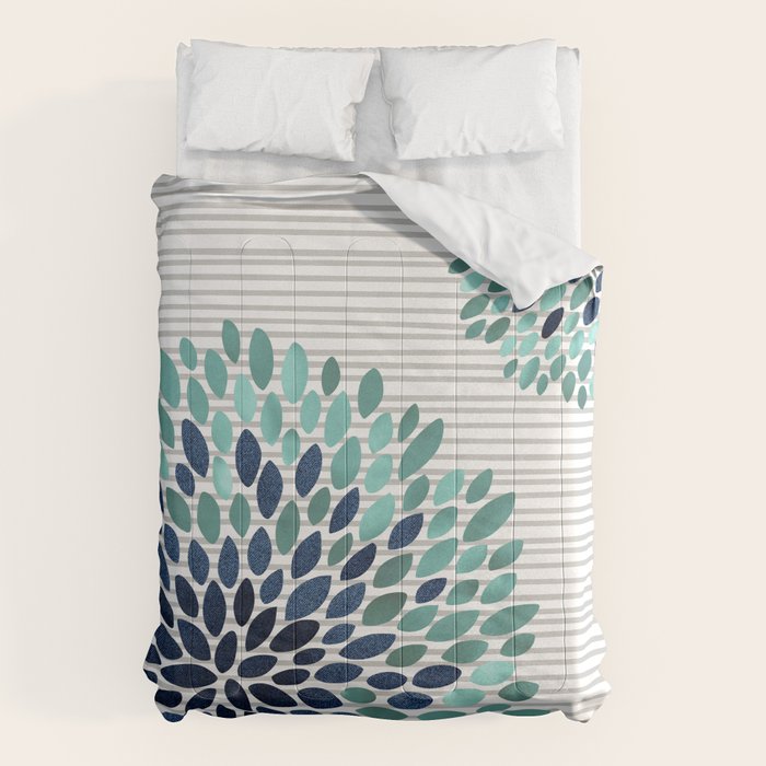 Blooms And Stripes, Aqua And Navy Comforter