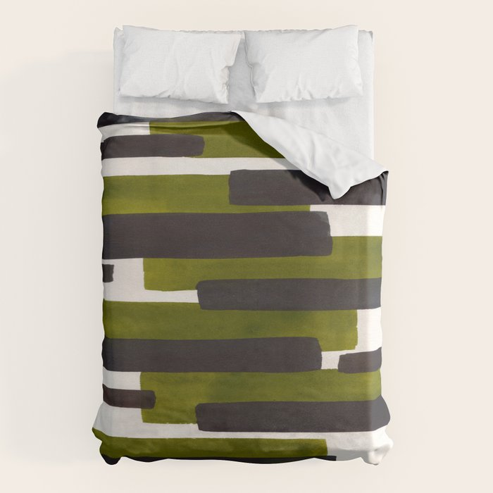 Olive Green Primitive Stripes Mid Century Modern Minimalist Watercolor Gouache Painting Colorful Str Duvet Cover