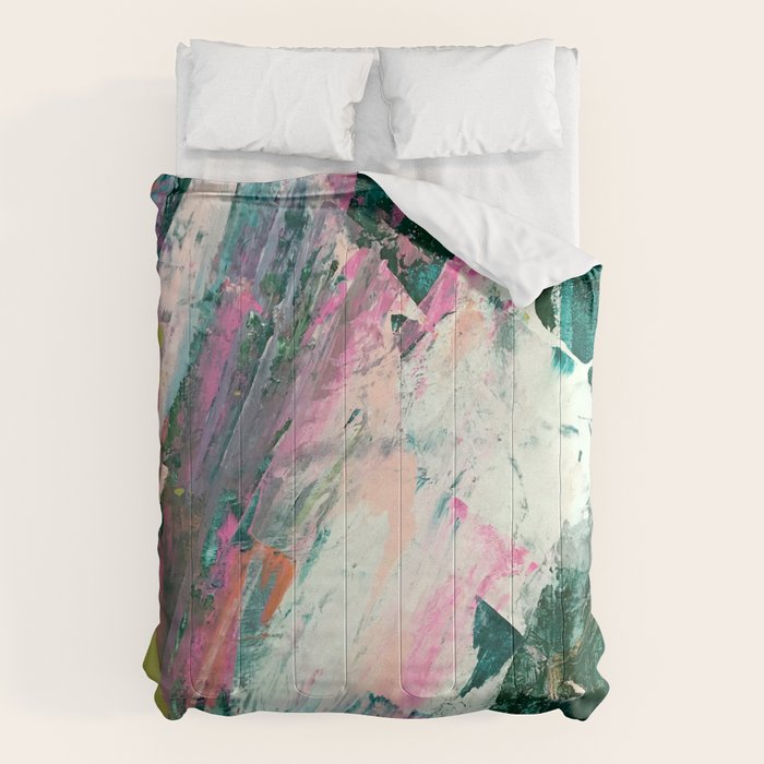 Meditate [2]: A Vibrant, Colorful Abstract Piece In Bright Green, Teal, Pink, Orange, And White Comforter
